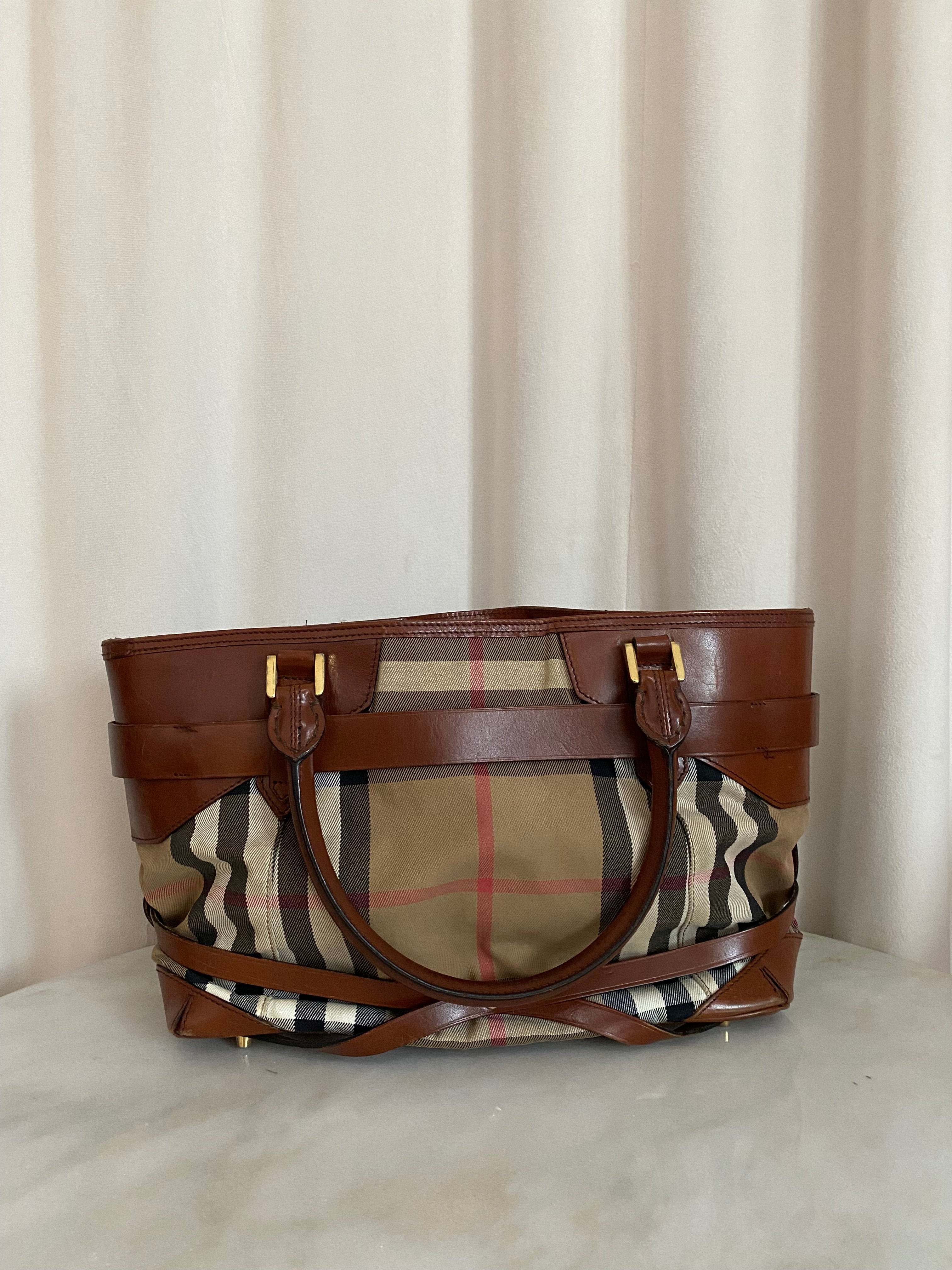 Burberry Camel Lynher Bridle House Check Top Handle Bag