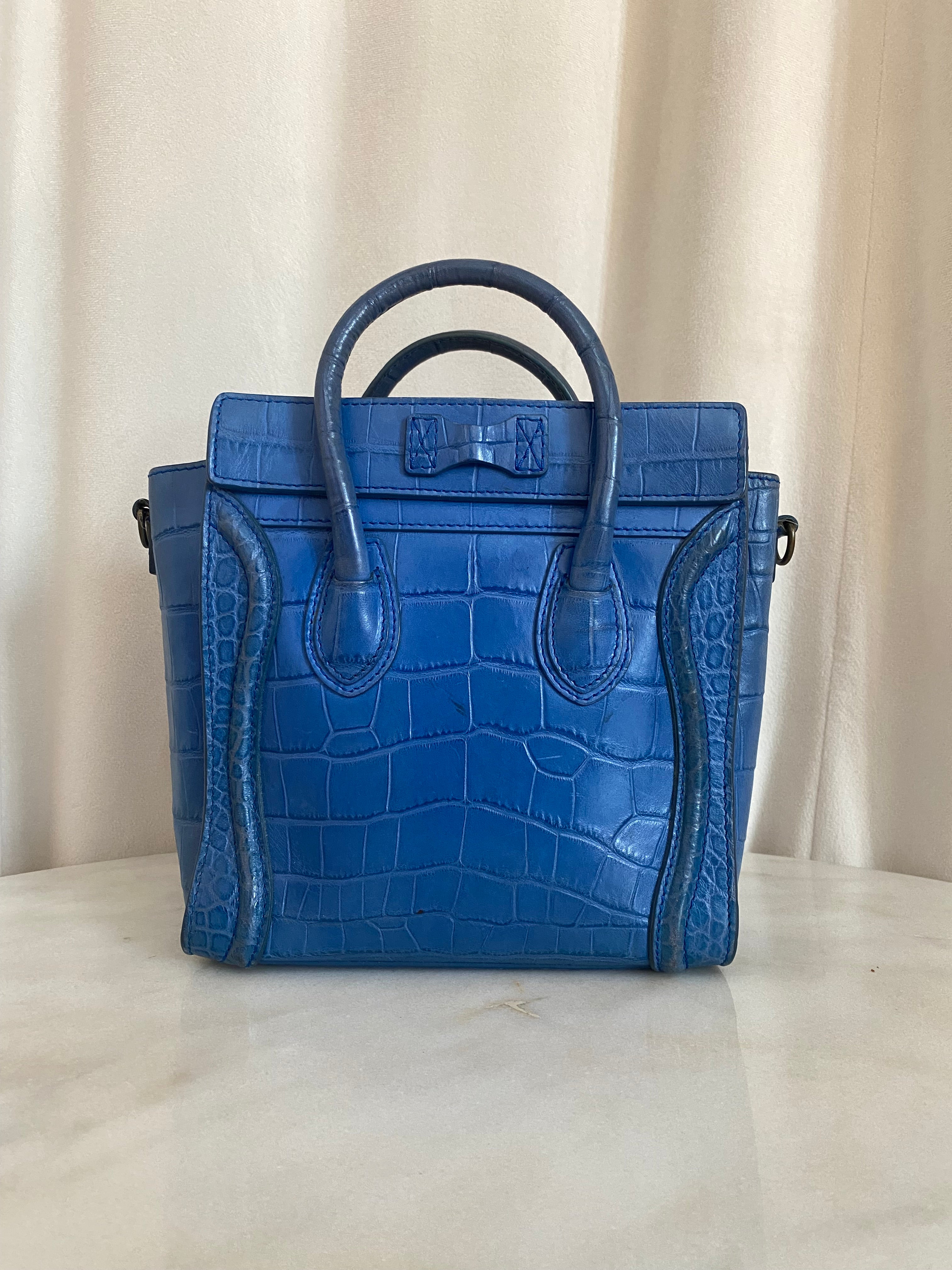 Celine Blue Crocodile Nano Luggage Tote Bag