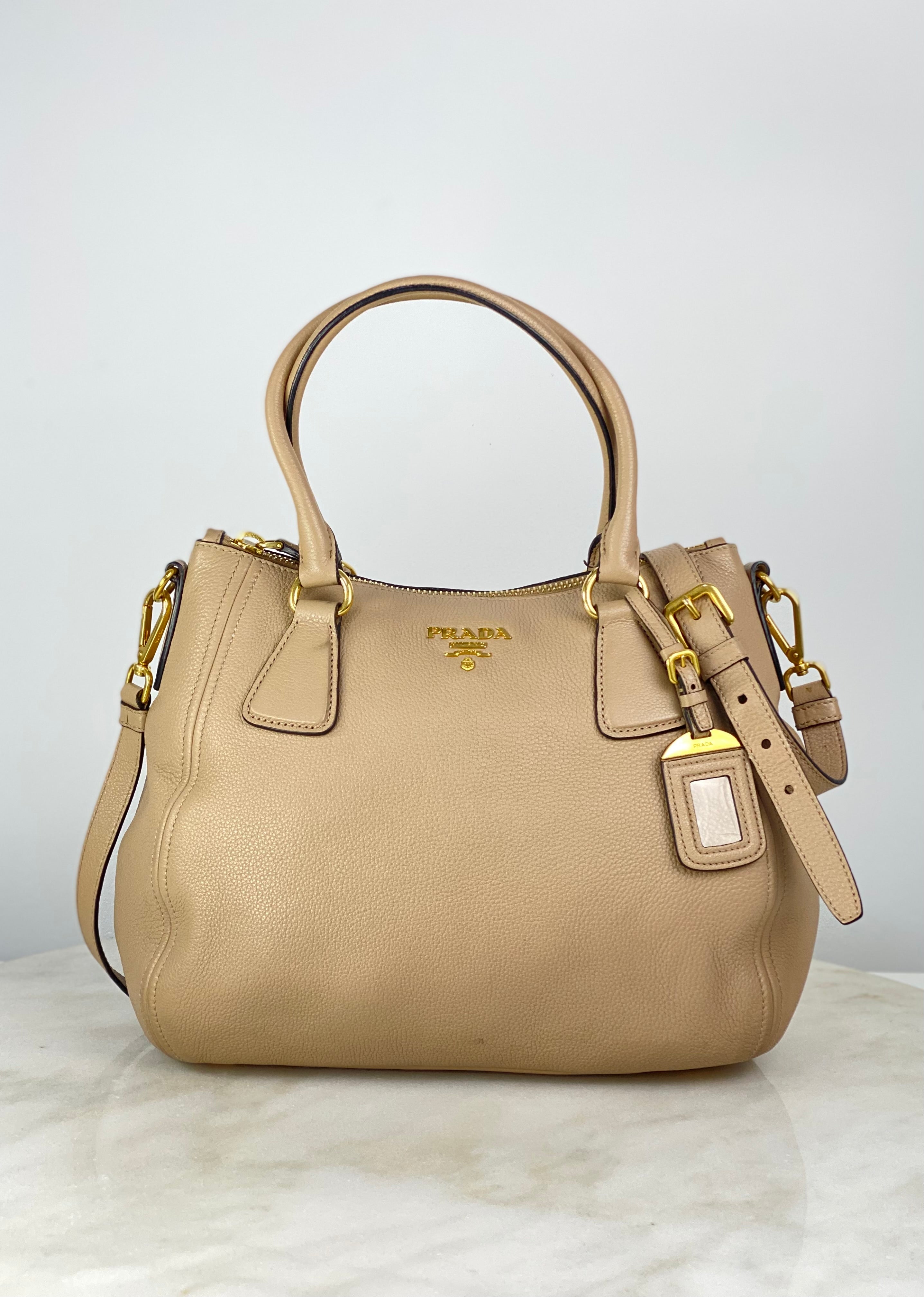 Prada Beige Vitello Daino Tote Bag W/ Strap