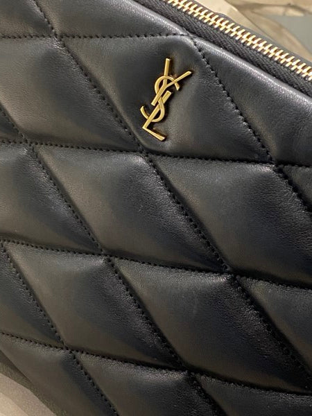 YSL Black Sade Quilted Medium Pouch