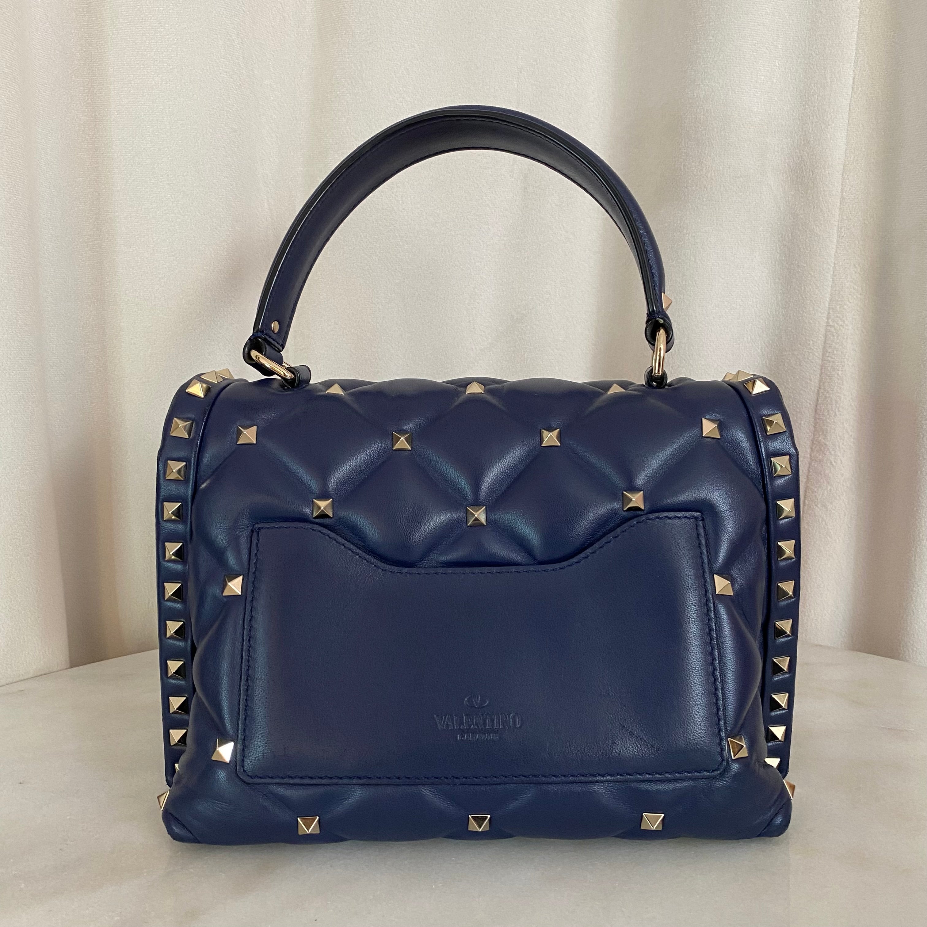 Valentino Navy Blue Padded Candystud VLTN Logo Top Handle Bag W/ Strap