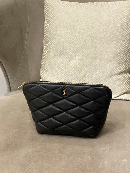 YSL Black Sade Quilted Medium Pouch