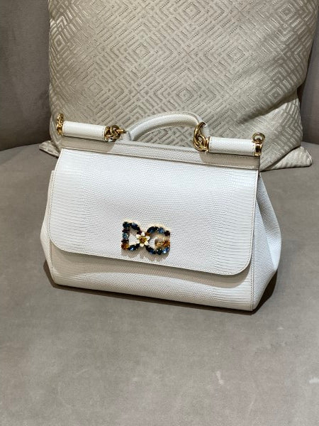 Dolce & Gabbana White Iguana Print Crystal Sicily Medium Bag