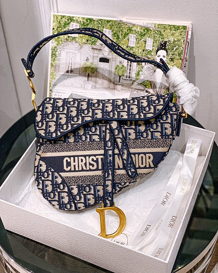 Christian Dior Blue Oblique Embroidery Saddle Bag