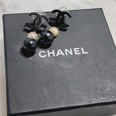 Chanel Black Pearl Bead CC Drop Earrings