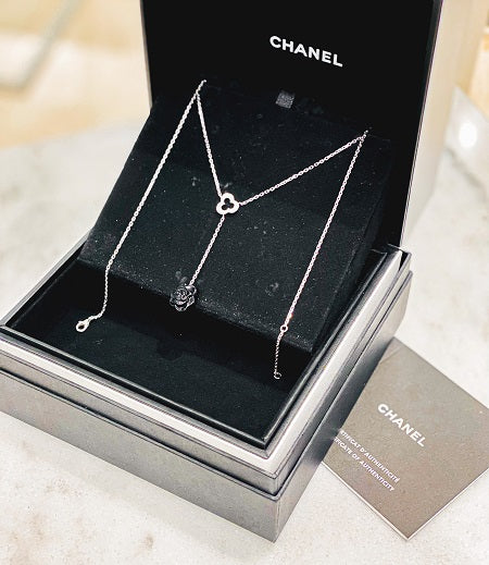 Chanel 18K White Gold Diamond Onyx Sculpte Drop Necklace