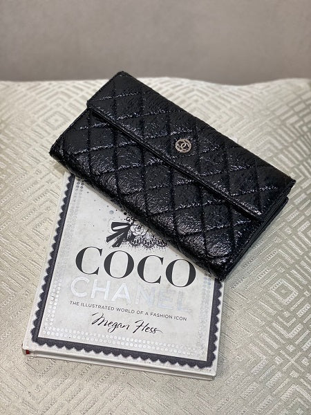 Chanel Black Bifold Distressed Vinyl Long Wallet