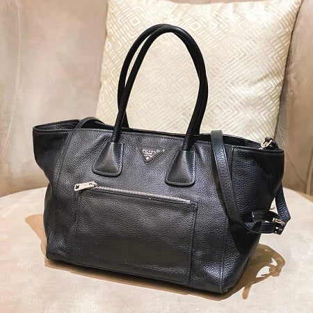 Prada Black Vitello Two Way Handbag Bag