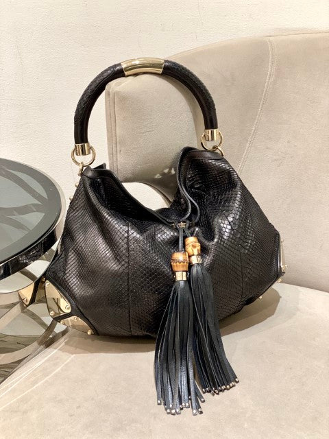 Gucci Black Python Babouska Indy Hobo Bag