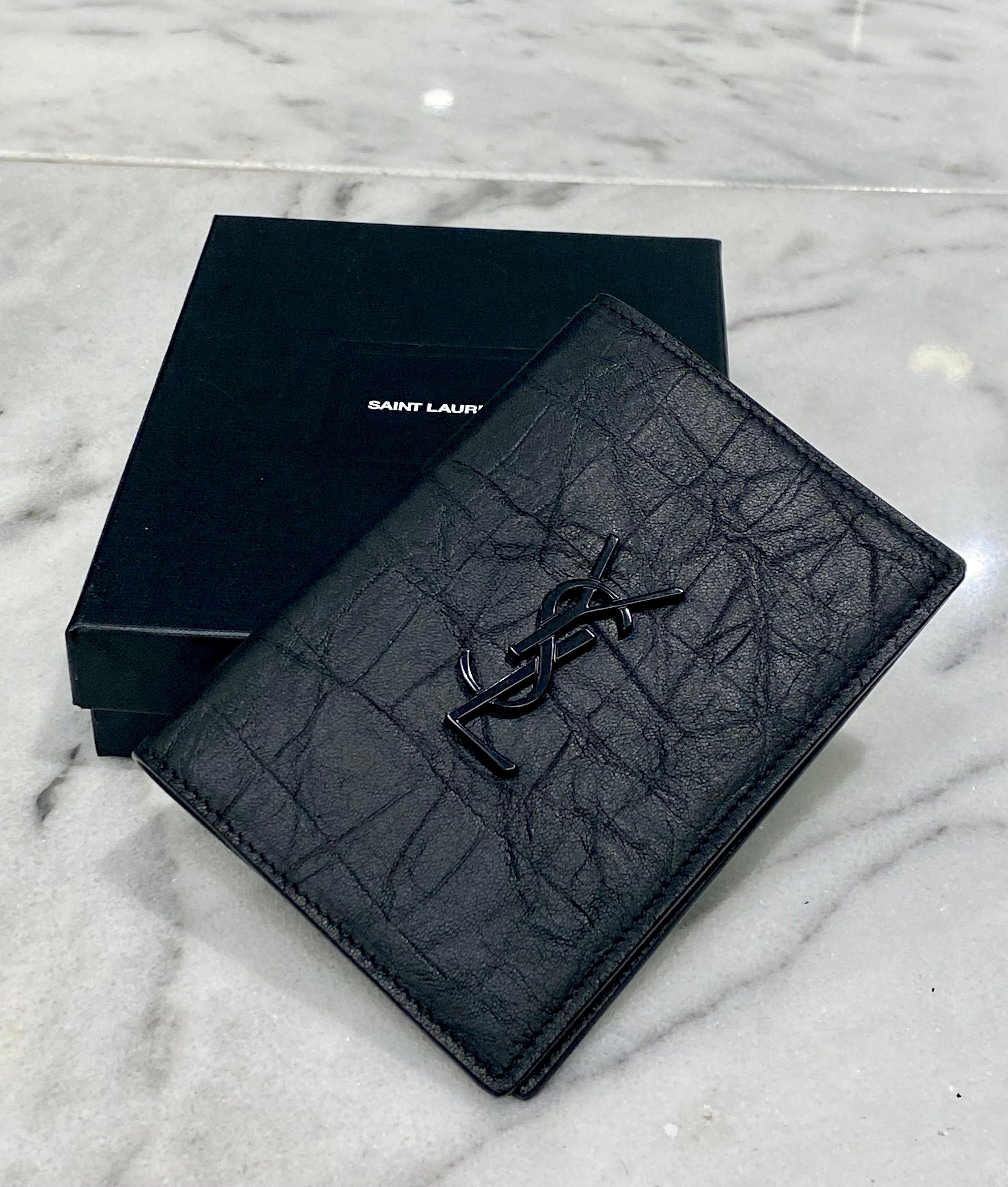 YSL Black Croc Embossed Bifold Wallet