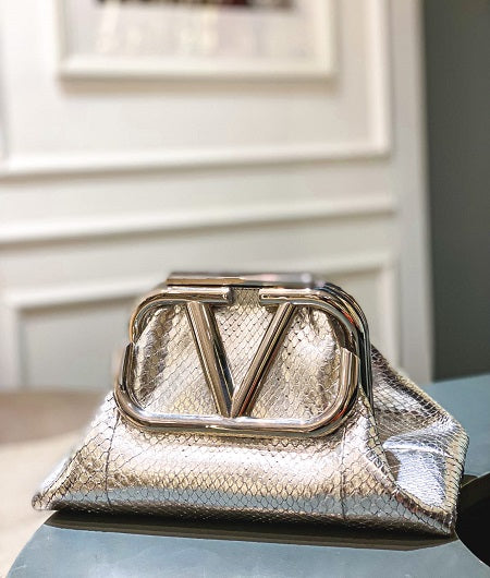 Valentino Silver Python Supervee Clutch Bag