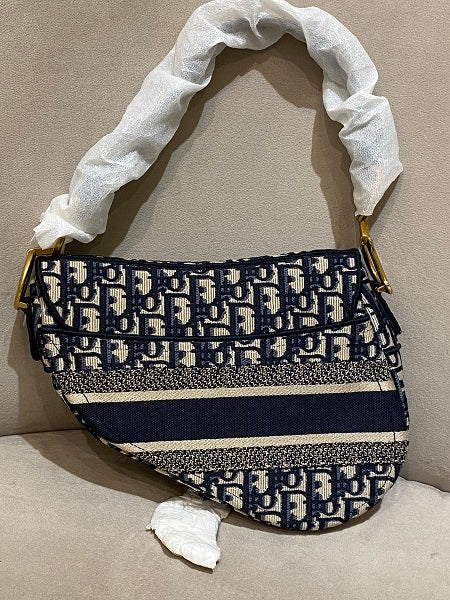 Christian Dior Blue Oblique Embroidery Saddle Bag