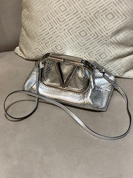 Valentino Silver Python Supervee Clutch Bag